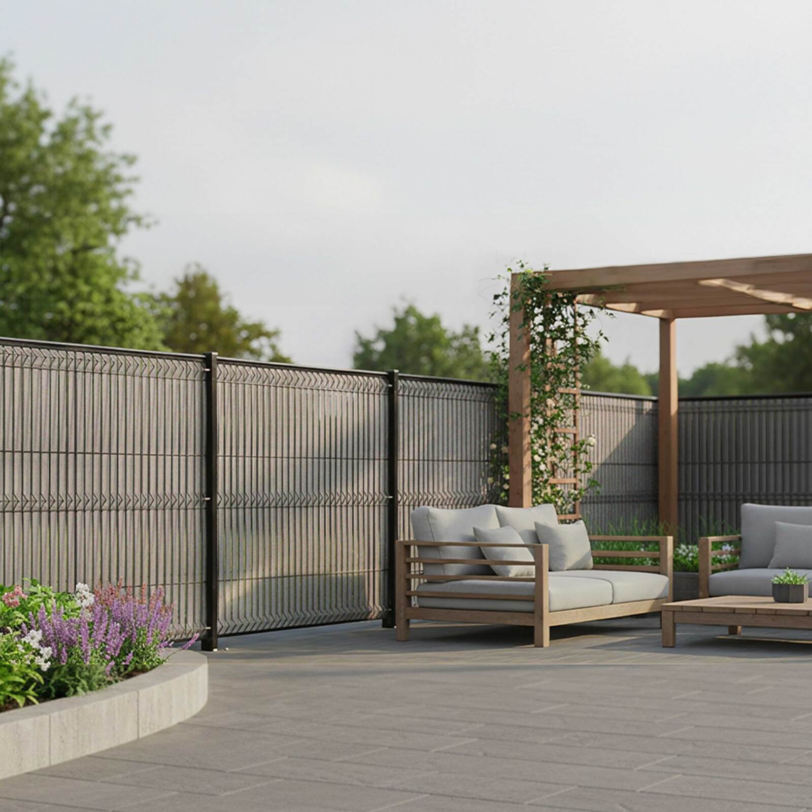 Kit lames composite occultantes rigides effet brossé grège pour grillage maille 55mm