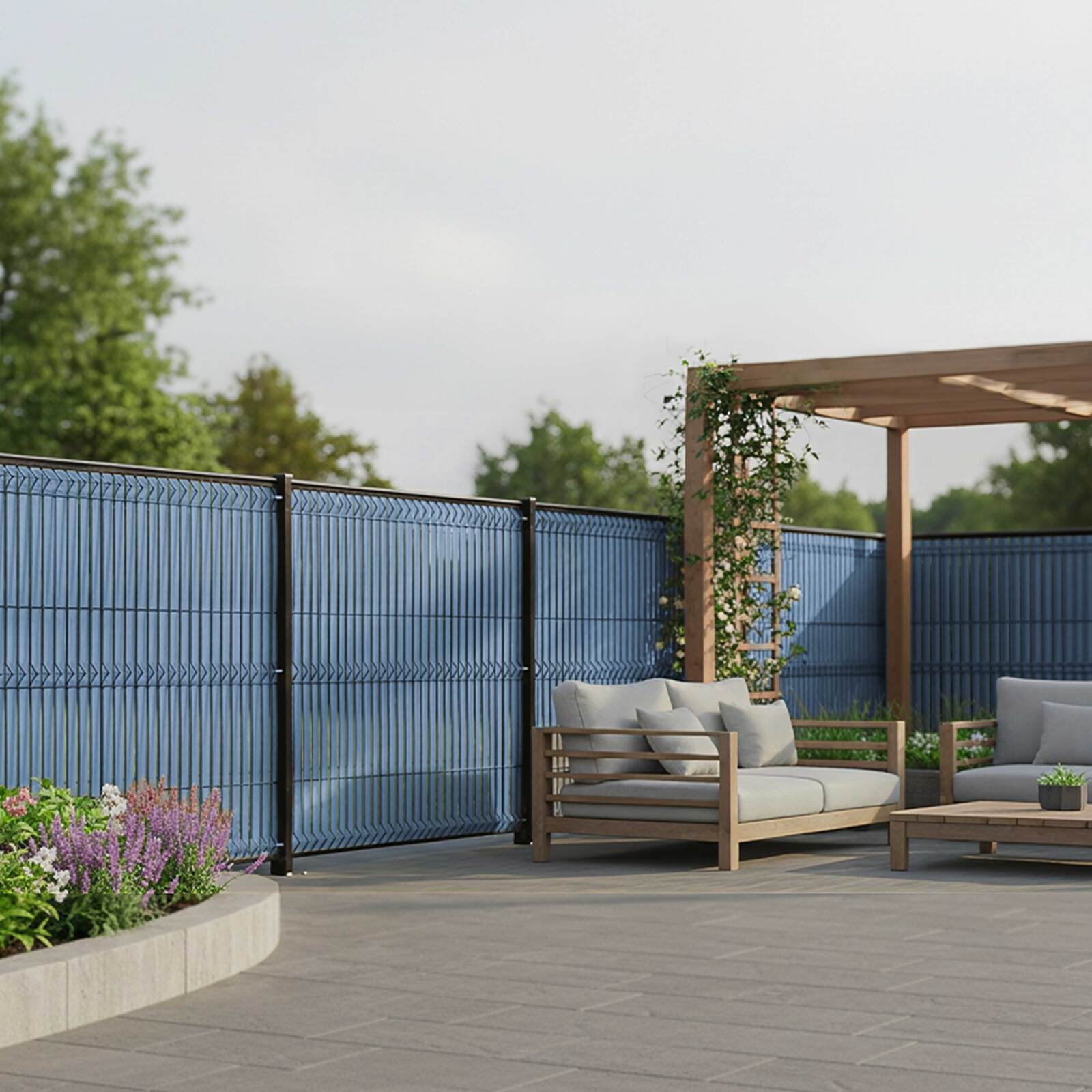 Kit lames composite occultantes rigides effet granité Bleu pour grillage maille 55mm