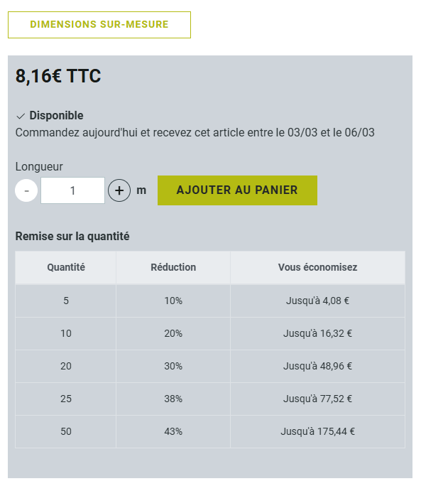 tableau des dimensions sur mesure d'un brise-vue